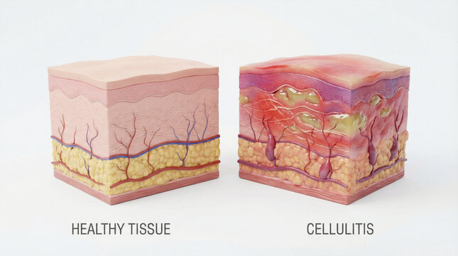 Healthy Skin Tissue vs Cellulitis Bacterial Infection 3D Anatomy