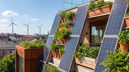 A rooftop garden with solar panels and wind turbines in the background on a sunny day with blue sky © Food Shop