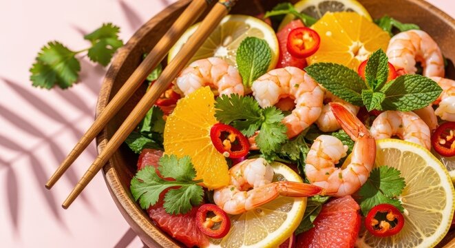 A vibrant and refreshing shrimp salad with citrus fruits, fresh herbs, and chili in a wooden bowl with chopsticks.