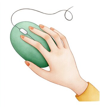 Female hand holding green computer mouse - technology use concept illustration on white background