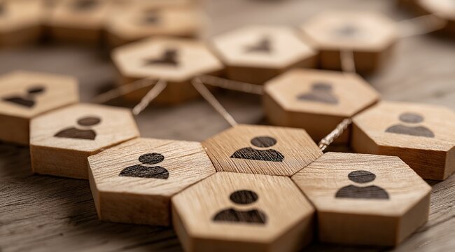 Connected wooden hexagonal blocks with human icons representing networking and teamwork