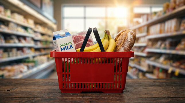 A red shopping basket filled with organic milk, raw meat, bananas, and bread on a wooden table in a grocery store aisle with shelves stocked with products