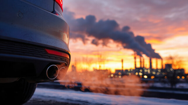 Pollution from car exhaust and industrial factory chimneys at sunset symbolizing environmental impact and air quality challenges in urban settings