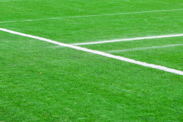 soccer field with green grass, white markings, and a corner flag.. The image captures part of the pitch used in professional matches, highlighting sports atmosphere and game preparation © Point of view