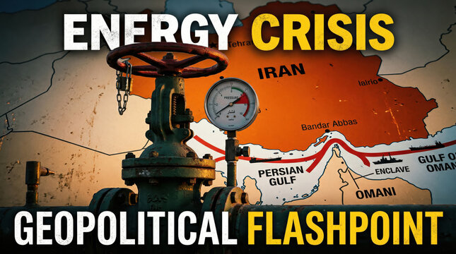 Energy crisis and geopolitical flashpoint concept. Industrial oil valve with pressure gauge over map of Iran and Persian Gulf. Middle East fuel supply tension