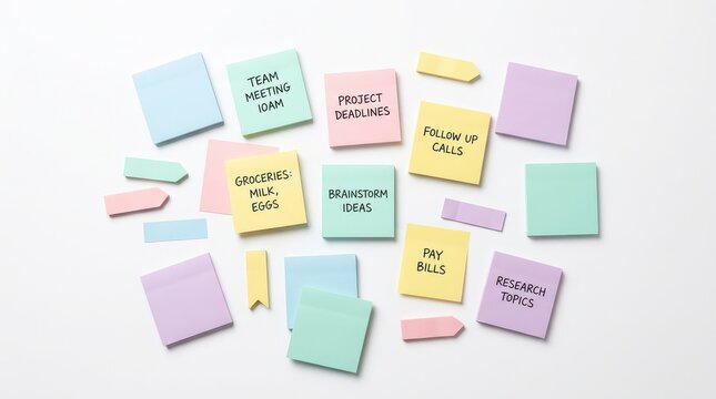 Assorted sticky notes with handwritten task labels on white background