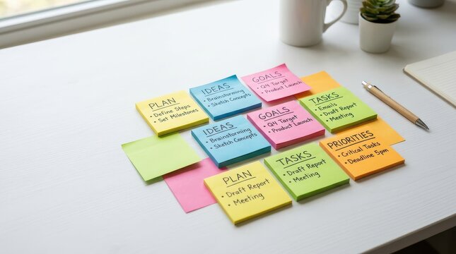Sticky notes with written plans and tasks on desk with pen