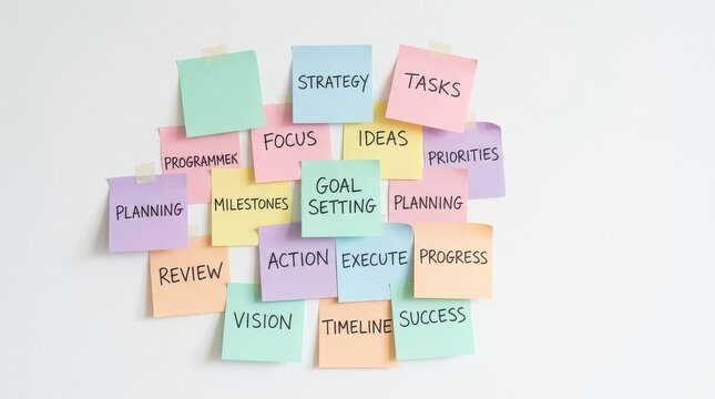 Taped sticky notes with planning words and one blank note on wall