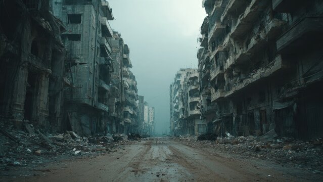 Destroyed City Street After War