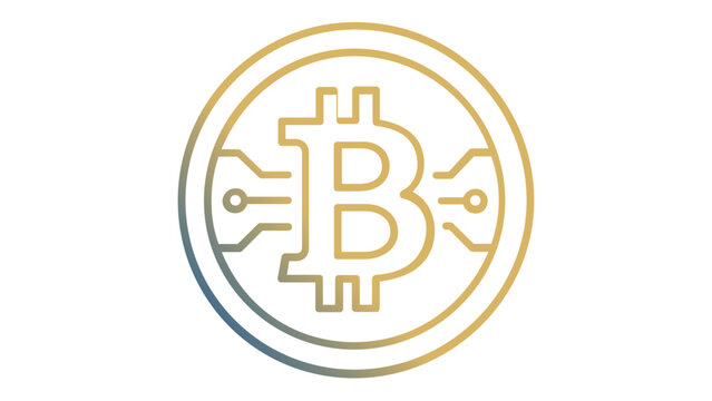 Bitcoin line icon vector illustration for cryptocurrency, blockchain, and fintech. Minimalist digital currency symbol with circuit board elements in blue and gold gradient, scalable asset.