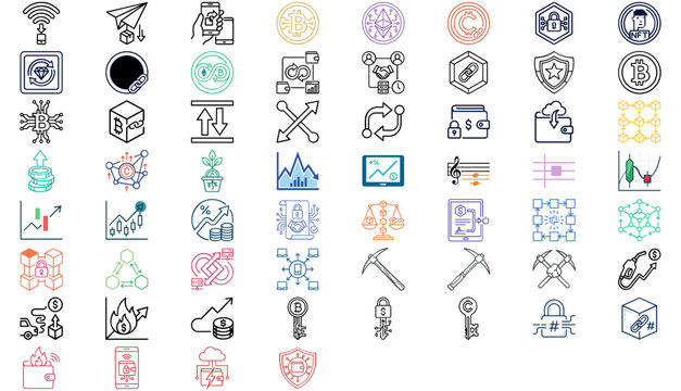Mega vector icon set of 60 crypto fintech icons featuring blockchain, bitcoin, ethereum, nft, digital wallet, airdrop, security, financial growth, and decentralized network minimalist line art.