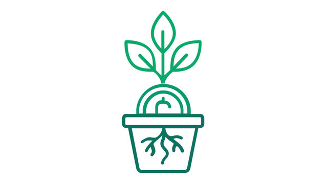 Green gradient line icon illustration of a plant growing from a dollar coin in a pot with roots, symbolizing financial growth, investment, crypto gas fees, wealth, and sustainable finance.