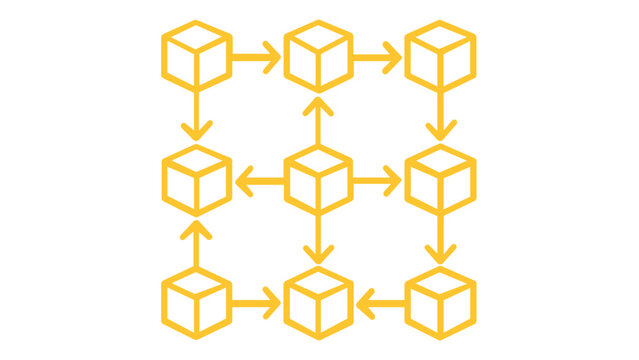Blockchain network and crypto exchange vector icon illustration featuring a grid of interconnected cubes with directional arrows representing data flow, decentralized systems, and fintech.