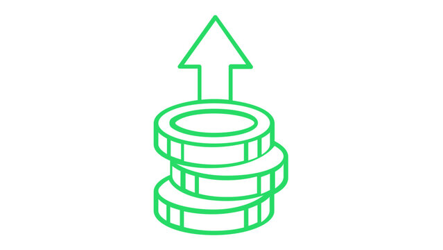 Vector illustration of a coin stack with an upward arrow, representing rising gas fees, financial growth, crypto profit, and market increase in a minimalist blue-green gradient line icon style.