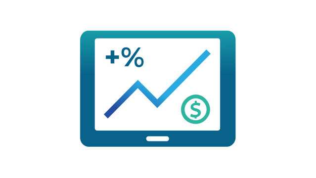 Vector illustration of a digital tablet displaying a financial growth chart with an upward trending line, plus percentage sign, and dollar coin icon for fintech, crypto trading, and investment.