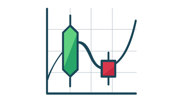 Financial Candlestick Chart and Liquidity Pool Vector Icon Illustration for Crypto Fintech, Featuring Green and Red Trading Bars with a Curved Trend Line on a Grid, Minimalist Flat Design.