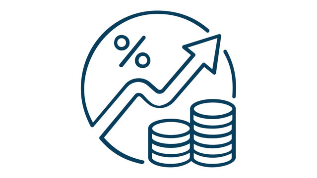 Market Capitalization and Financial Growth Vector Icon Illustration Featuring an Upward Arrow, Percentage Symbol, and Stacks of Coins for Crypto Fintech, Investment, and Economic Success Concepts