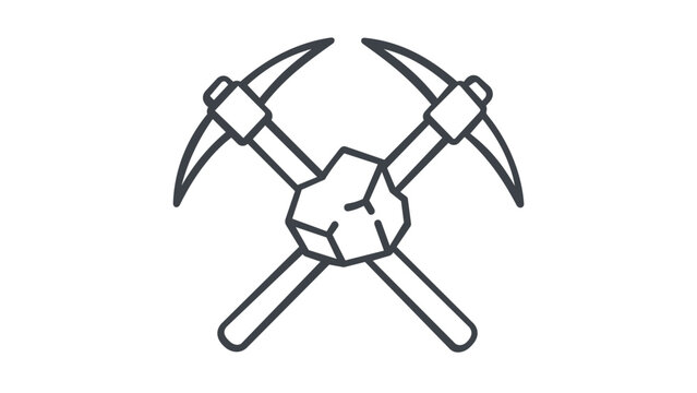 Cryptocurrency mining vector icon illustration with crossed pickaxes and rock, representing blockchain technology, digital asset extraction, and fintech concepts in a minimalist line art style.