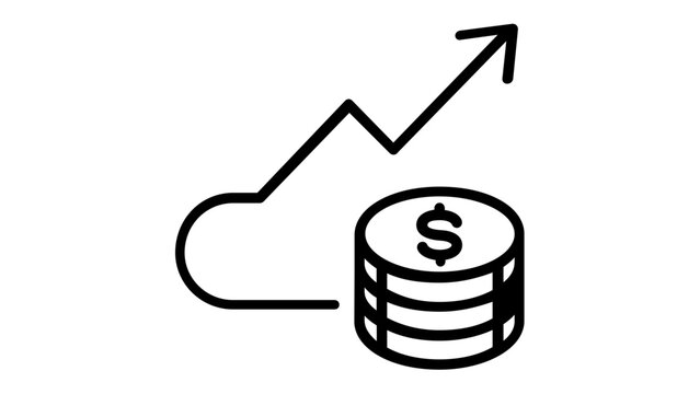 Financial staking line icon vector illustration featuring a stack of dollar coins and an upward trending arrow, symbolizing investment growth, profit increase, cryptocurrency earnings, and fintech