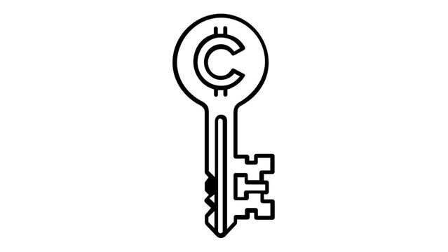 Minimalist vector icon illustration of a digital currency key with a crypto token symbol. Sleek line art design representing blockchain security, private keys, and fintech wallet access.