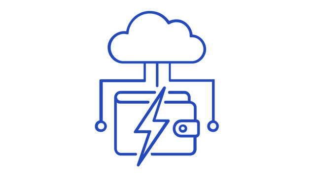 Yield Farming and Crypto Fintech Vector Icon Illustration Featuring a Cloud Connected to a Digital Wallet with a Lightning Bolt Symbol, Representing Fast Blockchain Transactions and Finance.