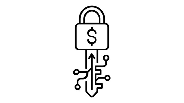 Vector icon illustration of a secure digital finance key with a padlock, dollar sign, and circuit board patterns, representing cryptocurrency security, fintech growth, and blockchain technology