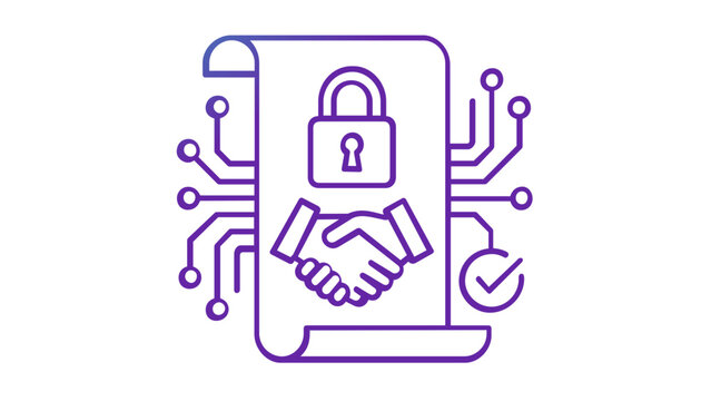 Smart contract vector icon illustration featuring a digital document with a padlock and handshake, representing secure blockchain agreements, fintech trust, and decentralized legal technology.