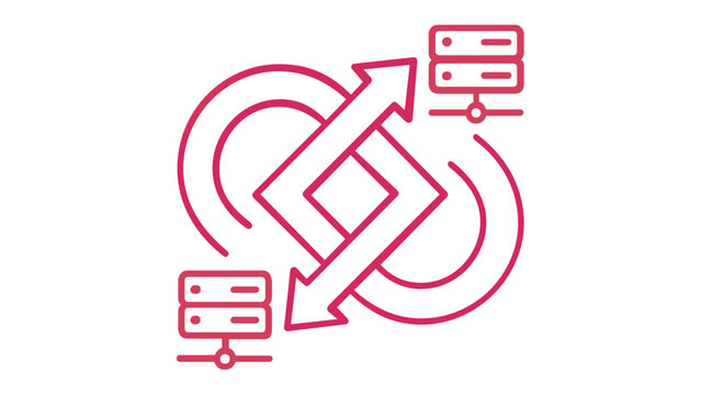 Peer to peer network vector icon illustration featuring server racks and data exchange arrows in a vibrant orange gradient. Perfect for fintech, blockchain, cryptocurrency, and cloud computing.