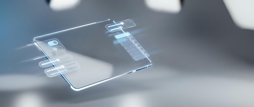 Futuristic transparent glass credit card with holographic elements floating in modern digital space for fintech and banking technology concepts.