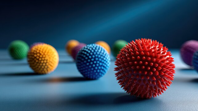 Colorful textured massage balls on a soft blue background, ideal for therapy, sensory play, and cognitive development.
