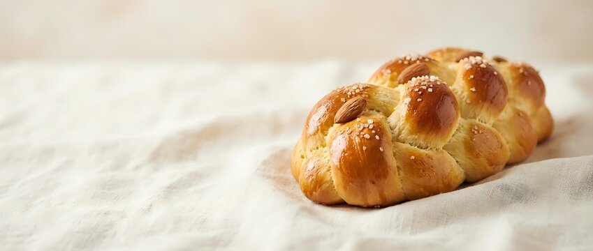 Fresh baked challah bread with golden braided texture on white cloth background for bakery and Jewish holiday cooking concepts.