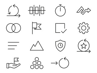 Maximum ultra-simplified agile project management web icons in line art style. Symbols of sprints, workflows, and task management. Clean black and white vector illustration with editable strokes for p © VectorGomes
