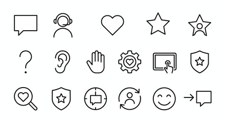 Fototapeta premium Maximum ultra-simplified customer support and user experience (UX) web icons in line art style. Symbols of service assistance, feedback loops, and user-centric design. Clean black and white vector ill