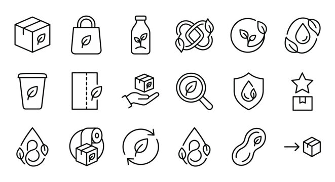 Maximum ultra-simplified sustainable packaging and bio-plastic web icons in line art style. Symbols of eco-friendly wrapping, biodegradable materials, and plastic-free alternatives. Clean black and wh