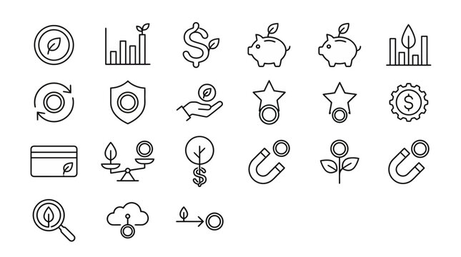 &Iacute;cones web de investimento sustent&aacute;vel e finan&ccedil;as verdes ultra-simplificados em estilo line art. S&iacute;mbolos de ESG, banking ecol&oacute;gico e economia regenerativa. Arte vetorial limpa em preto e branco para 