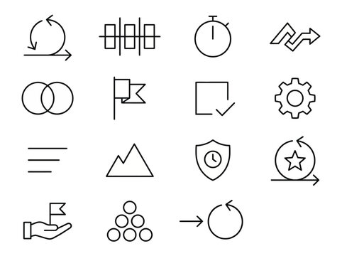 Maximum ultra-simplified agile project management web icons in line art style. Symbols of sprints, workflows, and task management. Clean black and white vector illustration with editable strokes for p
