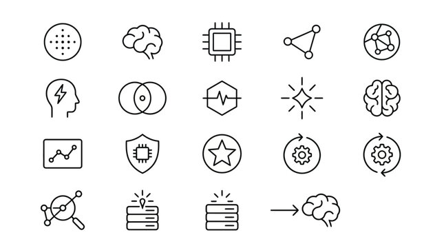 Maximum ultra-simplified AI and machine learning web icons in line art style. Symbols of neural networks, processors, and smart technology. Clean black and white vector illustration with editable stro