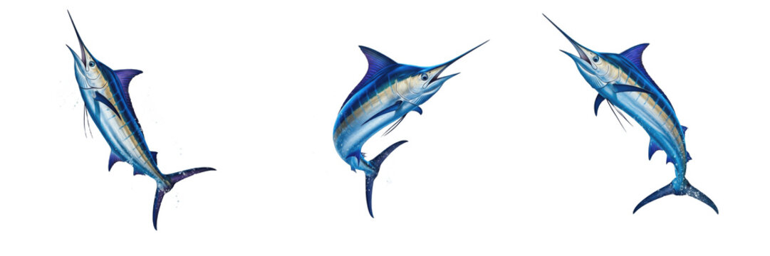 Set of Realistic Marlin and Swordfish Jumping Out of Water Isolated Transparent Background PNG