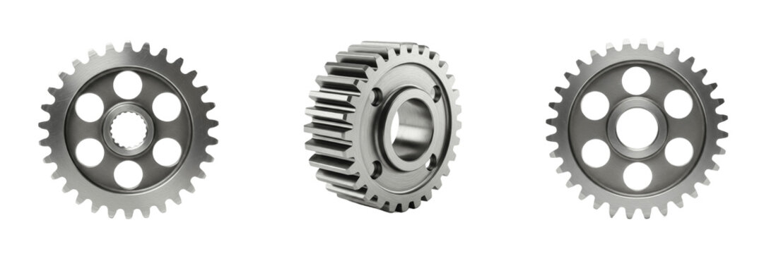 Set of Realistic Industrial Steel Gears and Metal Sprocket Wheels Isolated Transparent Background PNG