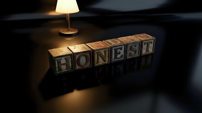 Wooden letter blocks spelling HONEST on dark surface with warm lamp lighting creating atmospheric business ethics concept for corporate presentations.