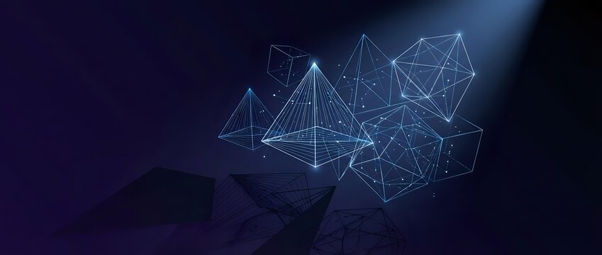 Abstract digital network with glowing blue geometric wireframe polygons and connecting lines on dark gradient background for technology concepts.
