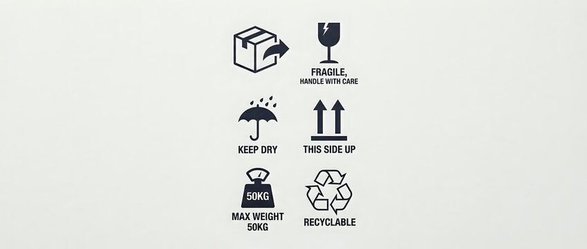 Shipping and handling icons set with fragile, keep dry, this side up, max weight and recyclable symbols for packaging and logistics design.