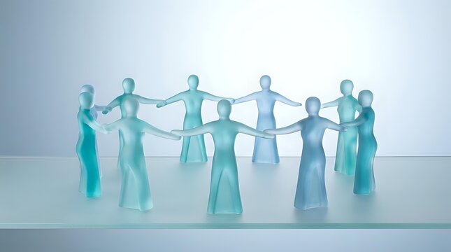 Translucent blue glass figurines holding hands in circle formation representing teamwork, unity and collaboration concepts for business presentations.