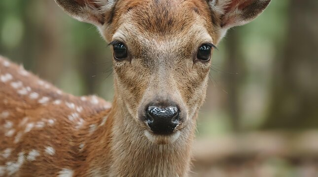 Young spotted deer fawn portrait with gentle brown eyes and soft fur in natural forest habitat for wildlife photography and nature conservation projects.