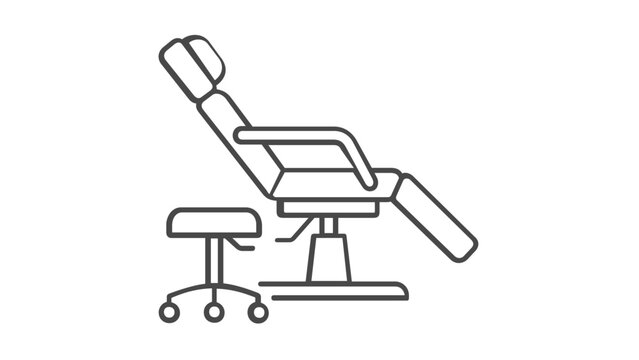 Professional Reclining Treatment Chair and Rolling Stool Vector Icon Illustration. Minimalist Line Art Design for Beauty Salon, Medical Spa, Tattoo Studio, Dental Clinic, or Healthcare Facility.