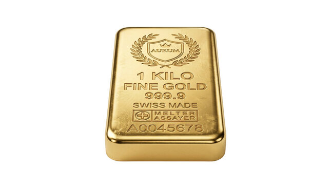 Polished 1 kilo fine gold bar, pure 999.9 gold bullion ingot, luxury wealth and banking asset isolated on Transparent Background