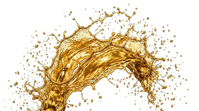 Golden amber liquid splash, dynamic beer or whiskey wave, splashing oil with flying droplets isolated on Transparent Background