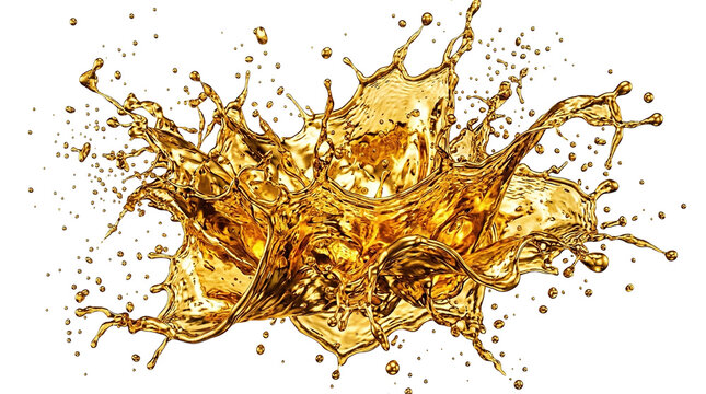 Golden liquid splash with water droplets, amber oil explosion, honey or beer crown splash isolated on Transparent Background