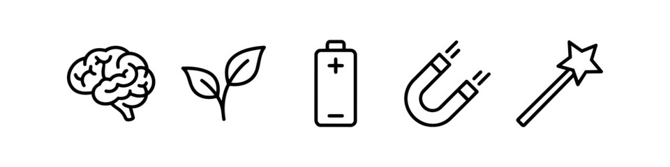 Set of Minimalist Line Icons Featuring Human Brain, Green Leaves, Electric Battery, Horseshoe Magnet, and Magic Wand for Creative Design Projects © Victor