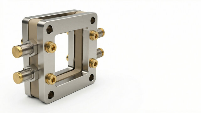 Square metal frame with internal layer and gold bolts on light background with drop shadow and copy space